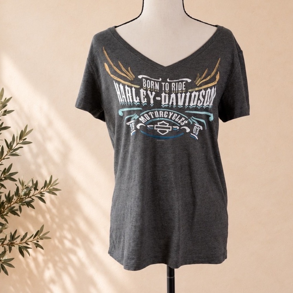 Harley-Davidson Berts Barracuda Mermaid Graphic V-Neck T-Shirt Gray Womens M